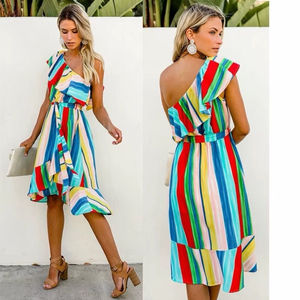 Rainbow Ruffle One Shoulder Stripe Midi Dress Cali Girl Dopamine Dressing M - Picture 2 of 14